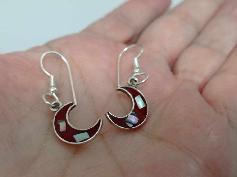 Abalone inlay  red  crescent moon earrings, Mexican earrings, Silver plated earrings, Hoop earrings, geometric jewelry, planet earrings.