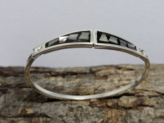 Abalone Mexican bracelet, Silver plated bracelet, black bracelet, geometric Bohochic jewelry, Ethnic handmade bracelet