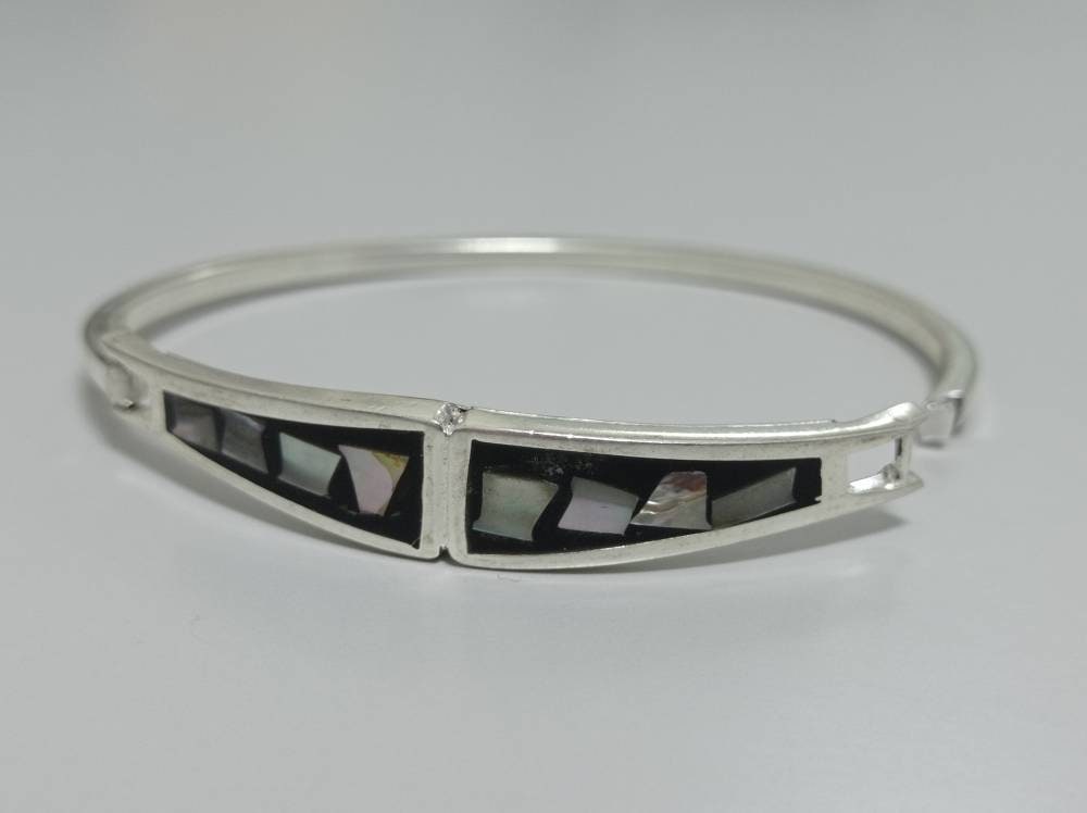 Abalone Mexican bracelet, Silver plated bracelet, black bracelet, geometric Bohochic jewelry, Ethnic handmade bracelet