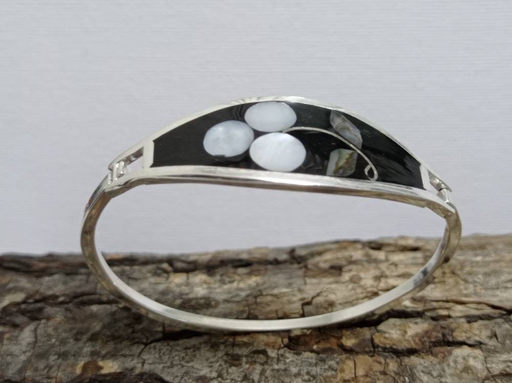 mexican mother of pearl inlay flower hinged bracelet, Silver plated black resin bracelet, cuff bangle ,handmade abalone inlay bracelet