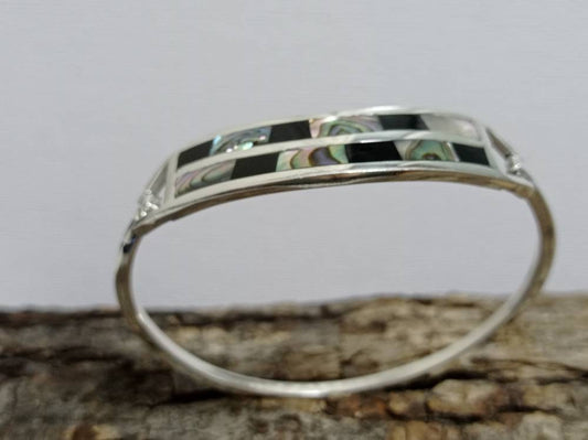 Abalone Mexican bangle, Silver plated bracelet, black bracelet, geometric Bohochic jewelry, Ethnic handmade bracelet,mosaic bracelet