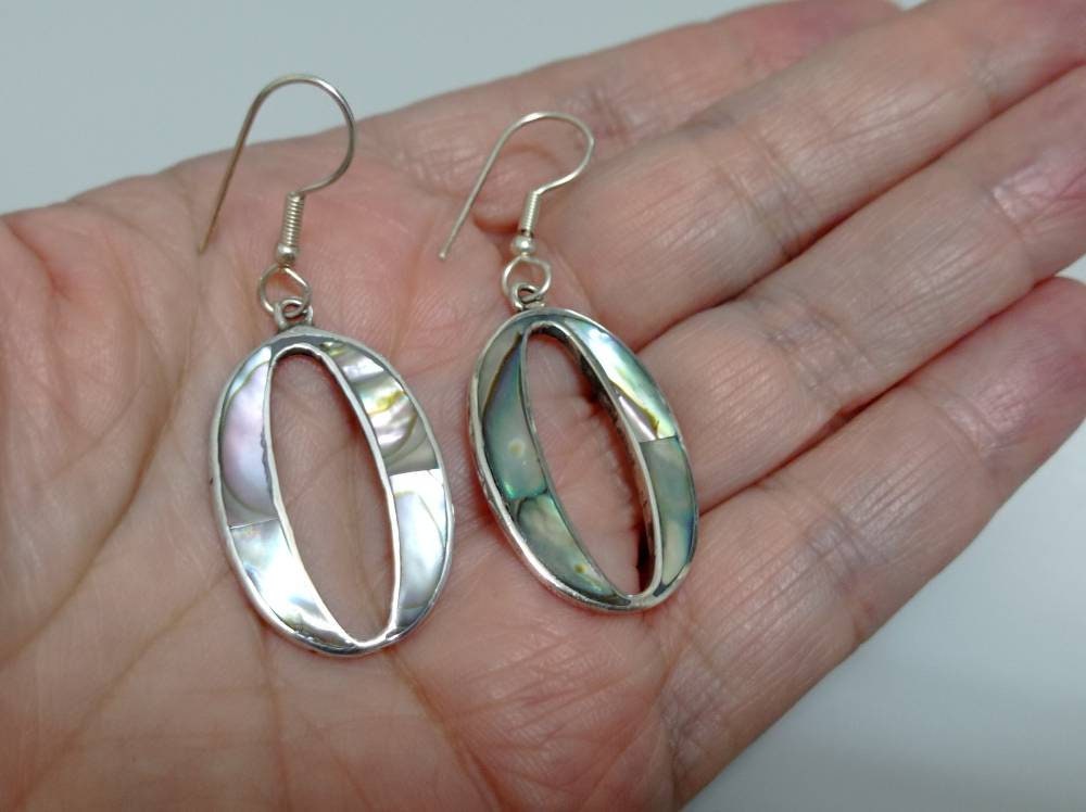 Abalone hoop taxco earrings, Mexican earrings, Silver plated earrings, Hook earrings, geometric jewelry,Bohochic jewelry, Ethnic earrings