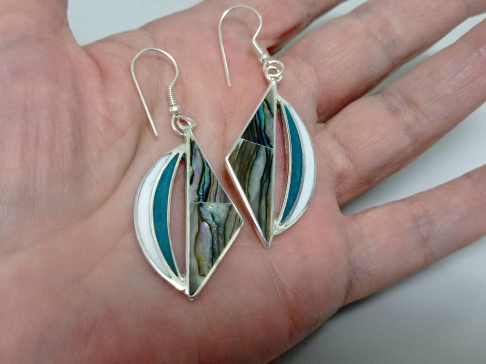 Mexican abalone inlay iridescent earrings,blue &white resin dangle earrings