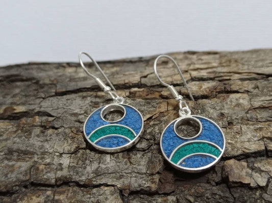 Crashed touquoise and malachite inlay mexican hoop earrings, Silver plated hook dangle earrings, geometric Earrings, boho handmade jewelry,