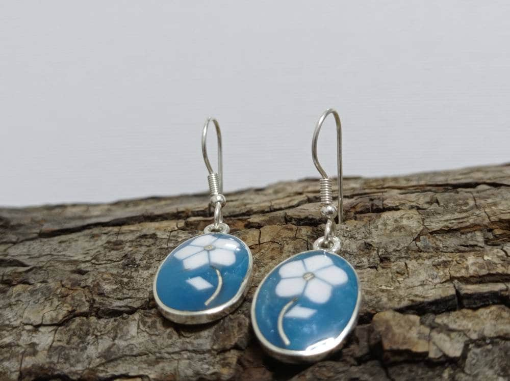 Blue and white resin daisy  earring, Mexican earrings, Silver plated earrings, Hook earrings, geometric dangle jewelry,Bohochic jewelry,