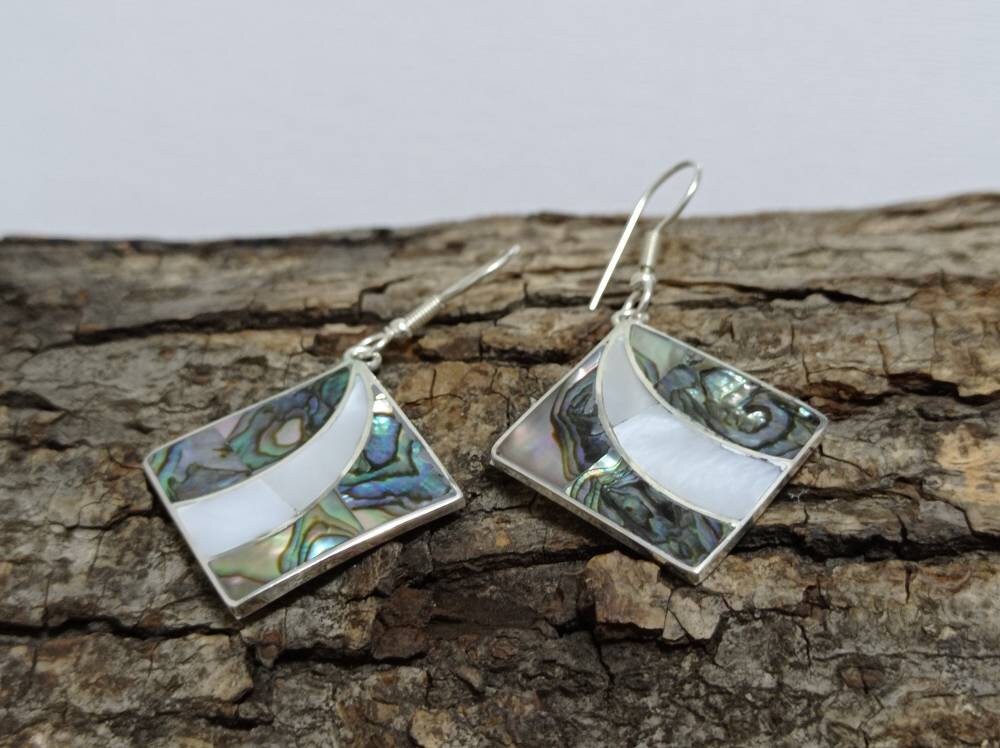 Silver plated abalone & mother of pearl square earrings, Mexican earrings, Hook dangle earrings, geometric Boho jewelry,  handmade earrings