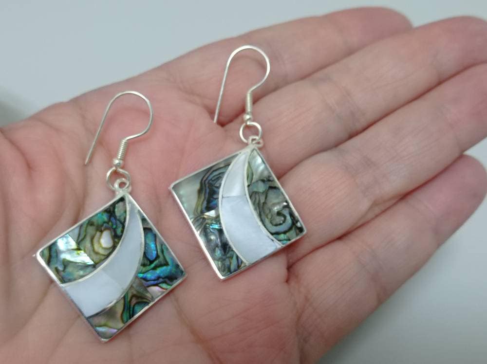 Silver plated abalone & mother of pearl square earrings, Mexican earrings, Hook dangle earrings, geometric Boho jewelry,  handmade earrings