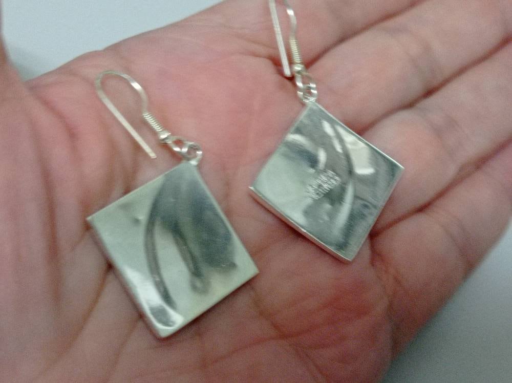 Silver plated abalone & mother of pearl square earrings, Mexican earrings, Hook dangle earrings, geometric Boho jewelry,  handmade earrings