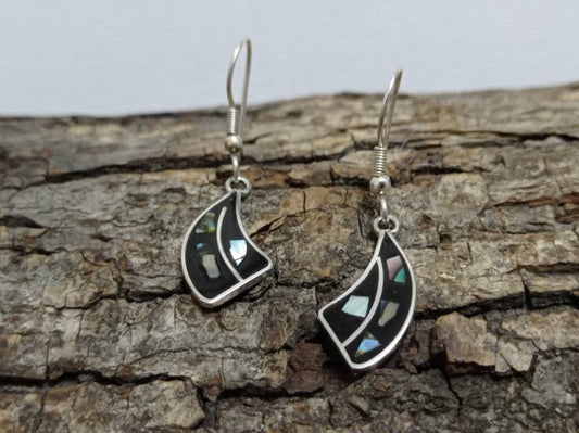 Mosaic abalone inlay black enamel earrings, Mexican earrings, Silver plated earrings, Hook earrings, geometric jewelry,Bohochic jewelry,