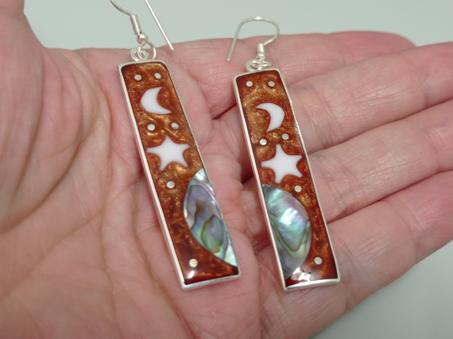 Abalone inlay moon and star brown earrings, Mexican earrings, Silver plated hook celestial earrings, landscape earrings, earrings