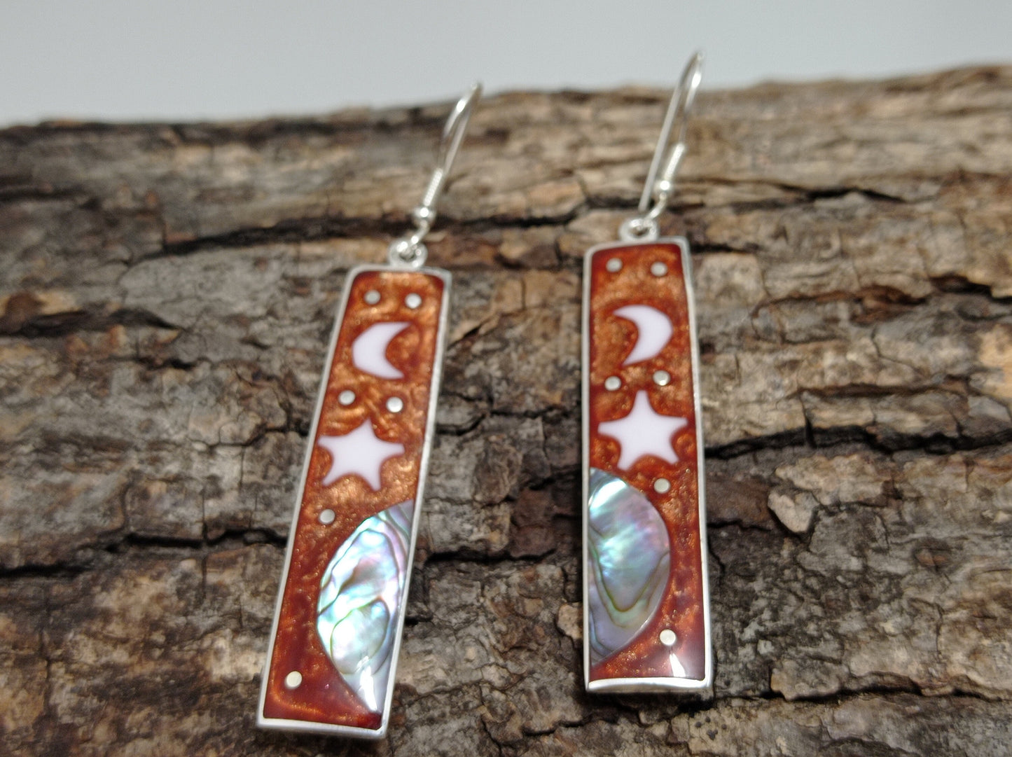 Abalone inlay moon and star brown earrings, Mexican earrings, Silver plated hook celestial earrings, landscape earrings, earrings