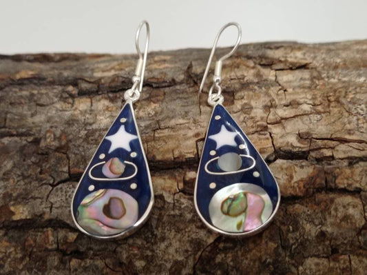 Abalone  saturn planet inlay mexican earrings with mother of pearl star ,Silver plated   Hook landscape earrings, celestial blue earrings,