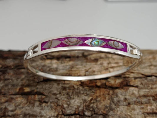 Oval abalone inlaid bracelet in enamel effect bougainvillea resin.Silver plated bracelet, geometric Bohochic jewelry,mexican bar bracelet