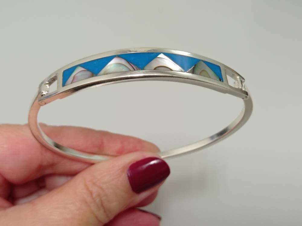 Geometric abalone blue bracelet, Silver plated mexican  bracelet, Bohochic jewelry, Ethnic handmade,mexican bar bracelet