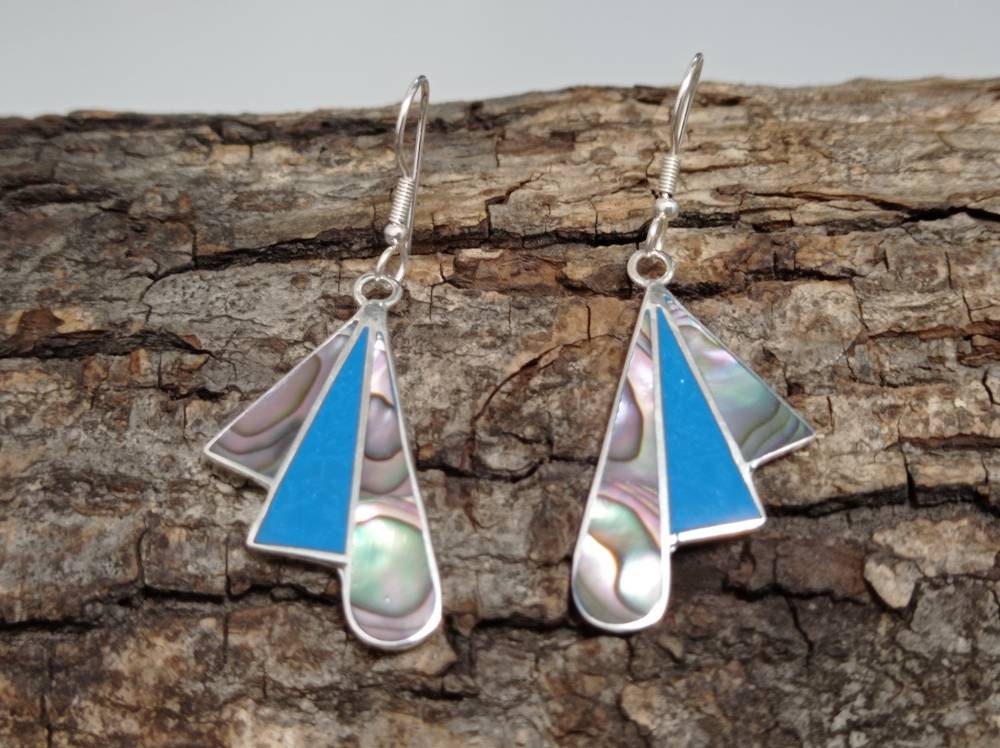 Art deco abalone & blue enamel fan  earrings,mexican  silver plated blue earrings, Hook dangle  earring, geometric  handmade earring