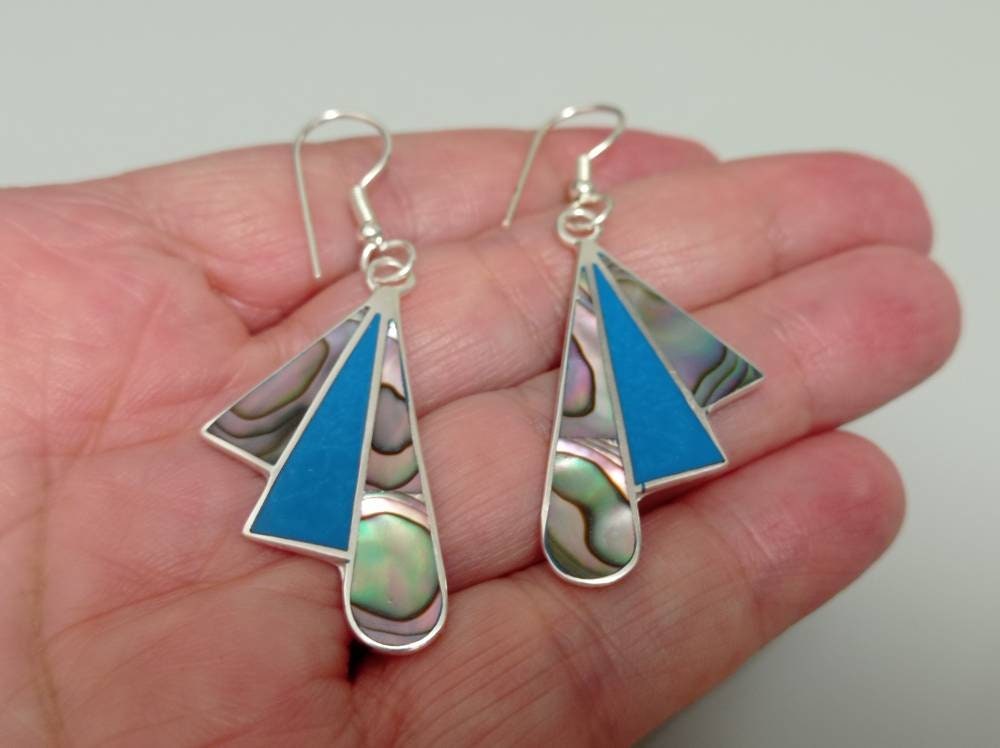 Art deco abalone & blue enamel fan  earrings,mexican  silver plated blue earrings, Hook dangle  earring, geometric  handmade earring