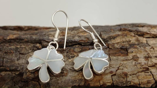 Clover earrings, Mexican earrings, Silver plated earrings, Hook earrings,Floral Earrings, Bohochic jewelry, Ethnic mother  of Pearl earrings