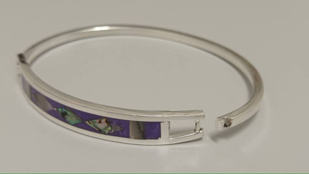 Abalone inlay purple bracelet, Silver plated bracelet, purple hinged bangle, geometric Bohochic jewelry, Ethnic handmade,mexican  bracelet,