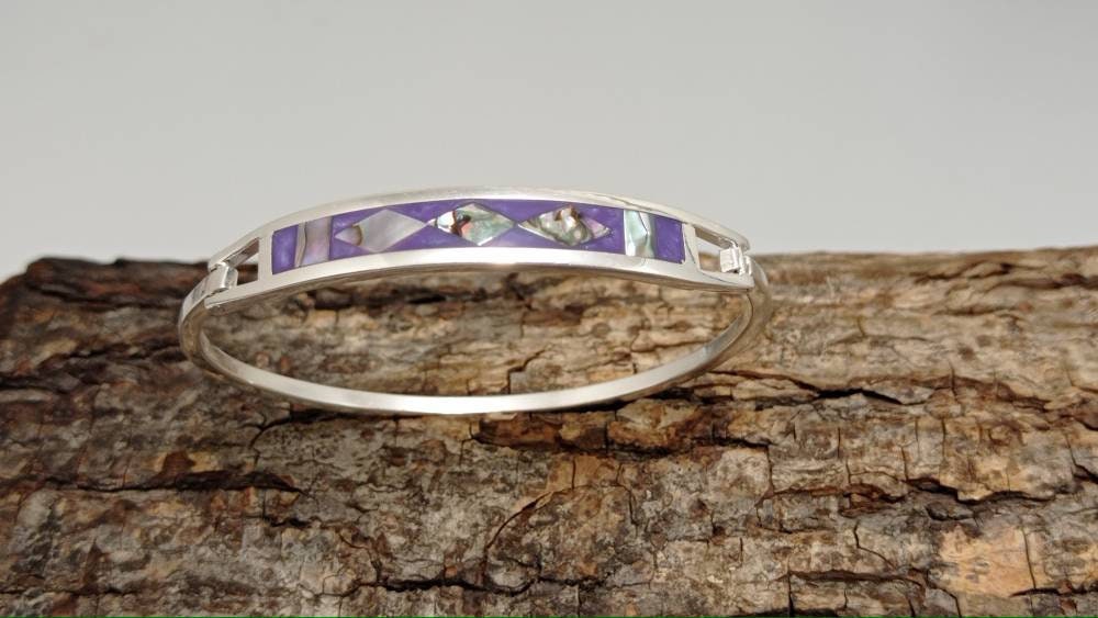 Abalone inlay purple bracelet, Silver plated bracelet, purple hinged bangle, geometric Bohochic jewelry, Ethnic handmade,mexican  bracelet,