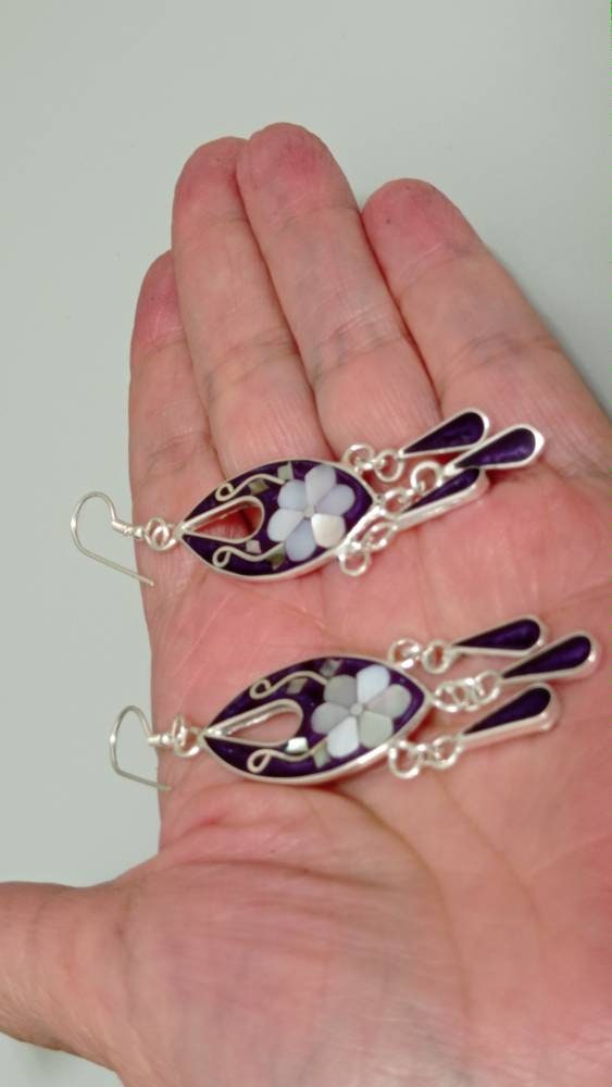 mother of pearl daisy hoop earrings,Mexican earrings, Silver plated abalone earrings,tassel hook geometric Earrings,purple dangle earrings