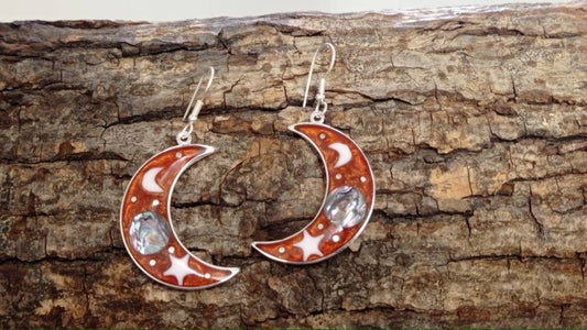 Celestial earrings,dangle crescent moon and star earrings,abalone mexican earrings,silver plated brown earrings,hook landscape earrings