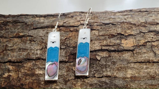 Abalone inlay celestial  earrings, Mexican hook  earrings, Silver plated seagull earrings,rectangle dangle  earrings, seacape earrings