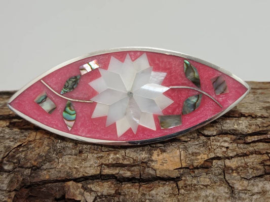 Abalone and mother of pearl french hair clip,mexican hair accesories, Silver plated rose hair clip,boho flower barrette,enamel hair clip,