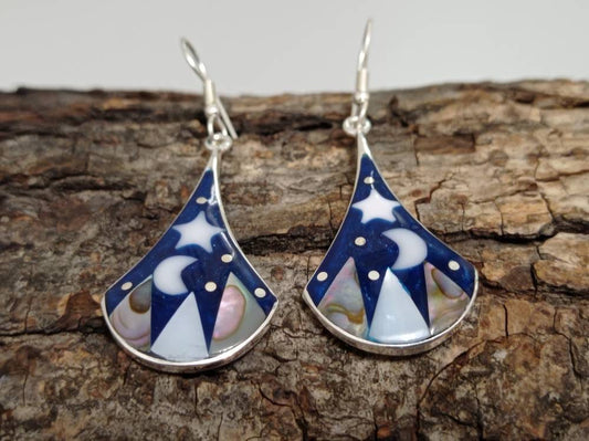 Abalone and mother of pearl celestial earrings, silver plated mexican cosmic earrings, Hook dangle landscape earring,moon and star earrings