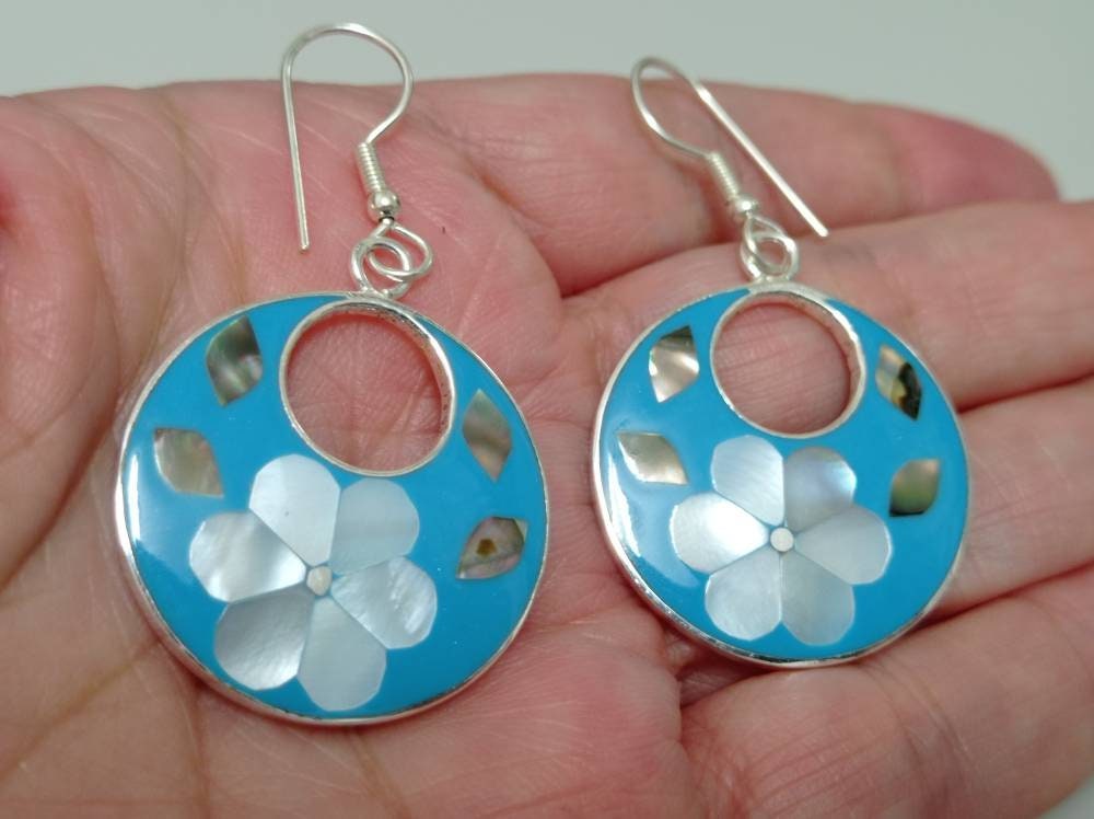 Mother of pearl flower and abalone  inlay hoop earrings, Mexican earrings, Silver plated daisy earrings handmade moon earrings