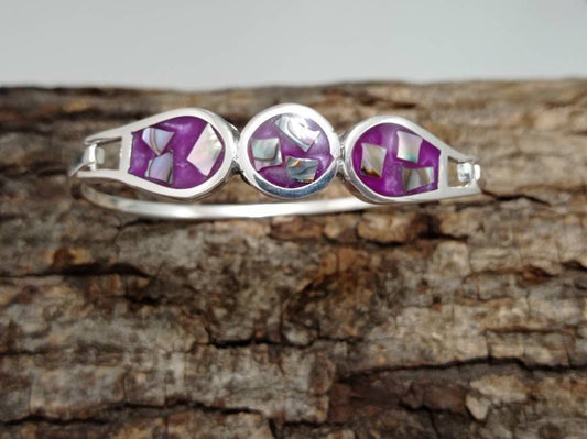 Abalone shell inlaid in enamel effect bougainvillea resin mexican bracelet, Silver plated bracelet, geometric Bohochic jewelry