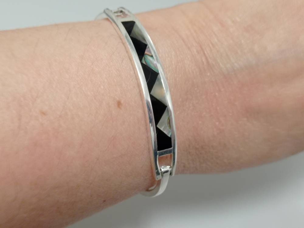 Ethnic style abalone mexican bar bracelet, Silver plated bracelet, black bracelet, geometric Bohochic jewelry,