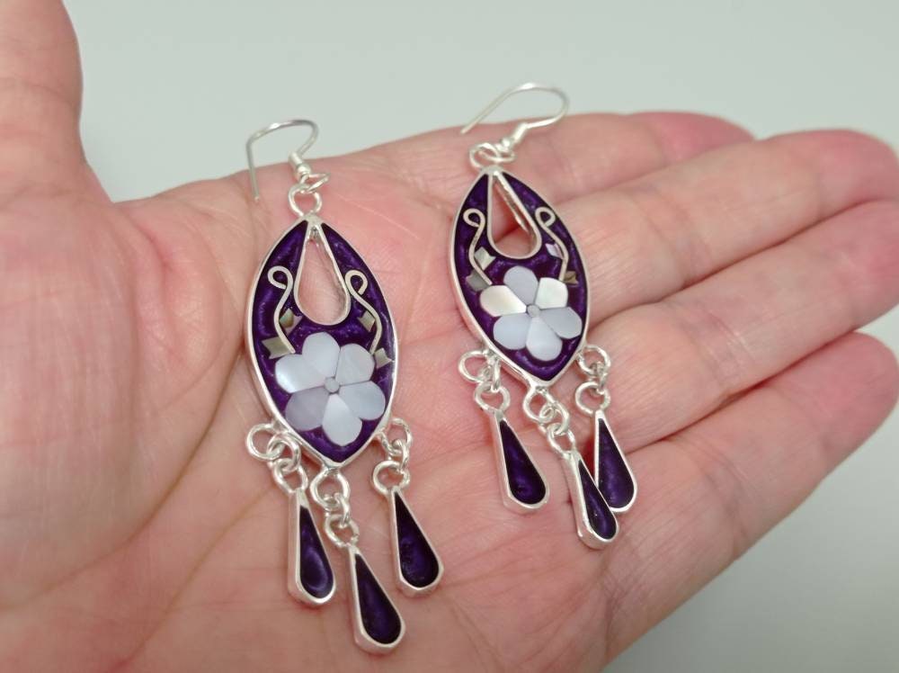 Mother of pearl daisy purple mexican earrings, Silver plated purple hoop earrings,Hook tassel earrings, geometric dangle enamel  earrings