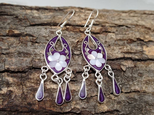 Mother of pearl daisy purple mexican earrings, Silver plated purple hoop earrings,Hook tassel earrings, geometric dangle enamel  earrings