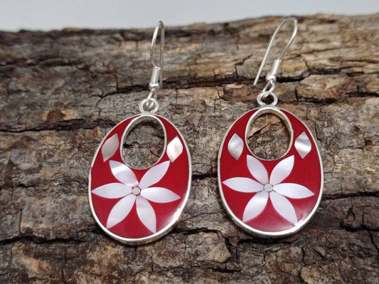 Mother of pearl inlay red earrings, Mexican earrings, Silver plated daisy earrings, Hoop dangle earrings, Floral Earrings, Bohochic jewelry,