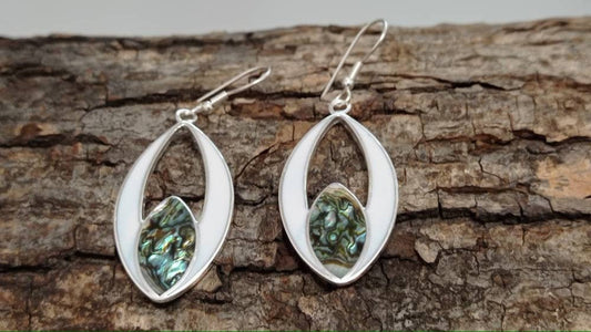 Silver plated handmade oval abalone mexican  earrings embedded in enamel effect white resin , Hook dangle drop earrings, geometric jewelry,