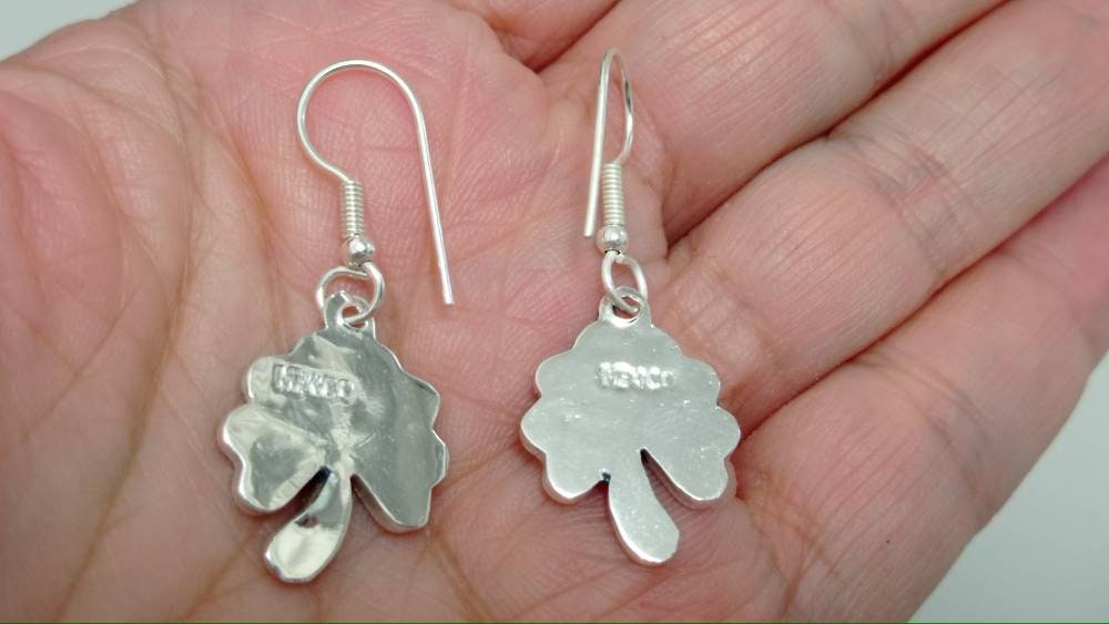 Dangle clover earrings, Mexican earrings, Silver plated hook earrings, Floral Earrings, Bohochic jewelry, Ethnic handmade flower earrings