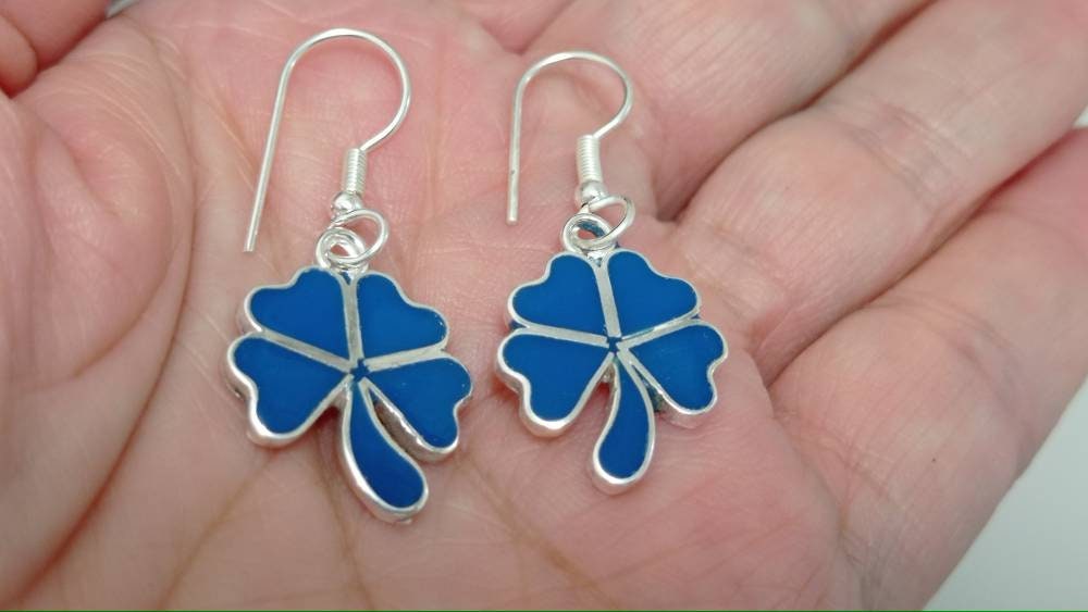 Dangle clover earrings, Mexican earrings, Silver plated hook earrings, Floral Earrings, Bohochic jewelry, Ethnic handmade flower earrings