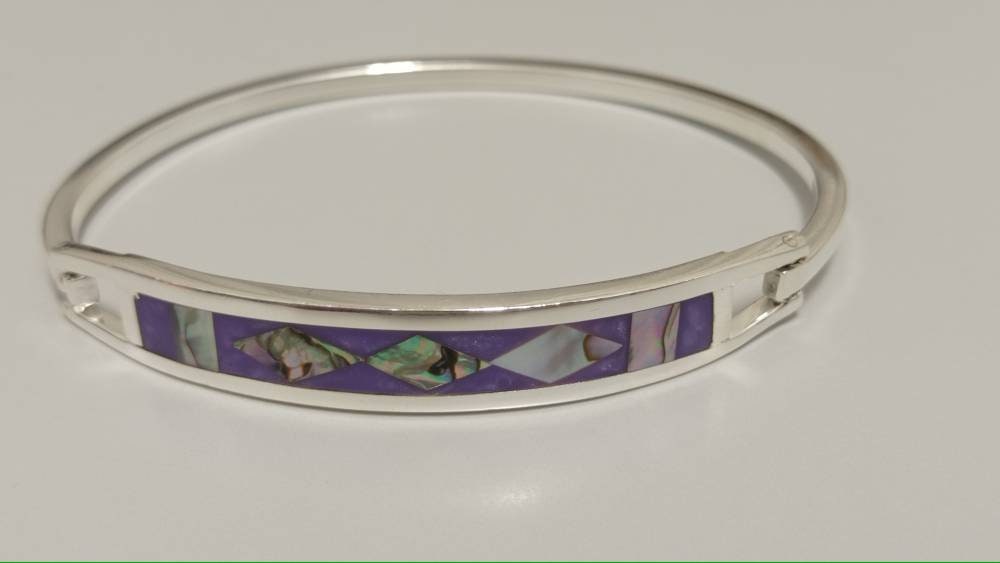 Abalone inlay purple bracelet, Silver plated bracelet, purple hinged bangle, geometric Bohochic jewelry, Ethnic handmade,mexican  bracelet,