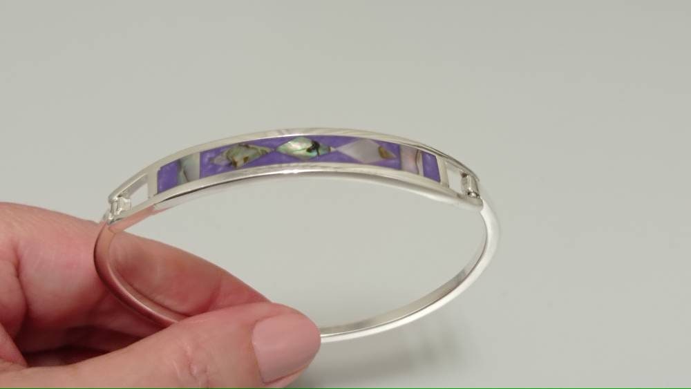 Abalone inlay purple bracelet, Silver plated bracelet, purple hinged bangle, geometric Bohochic jewelry, Ethnic handmade,mexican  bracelet,