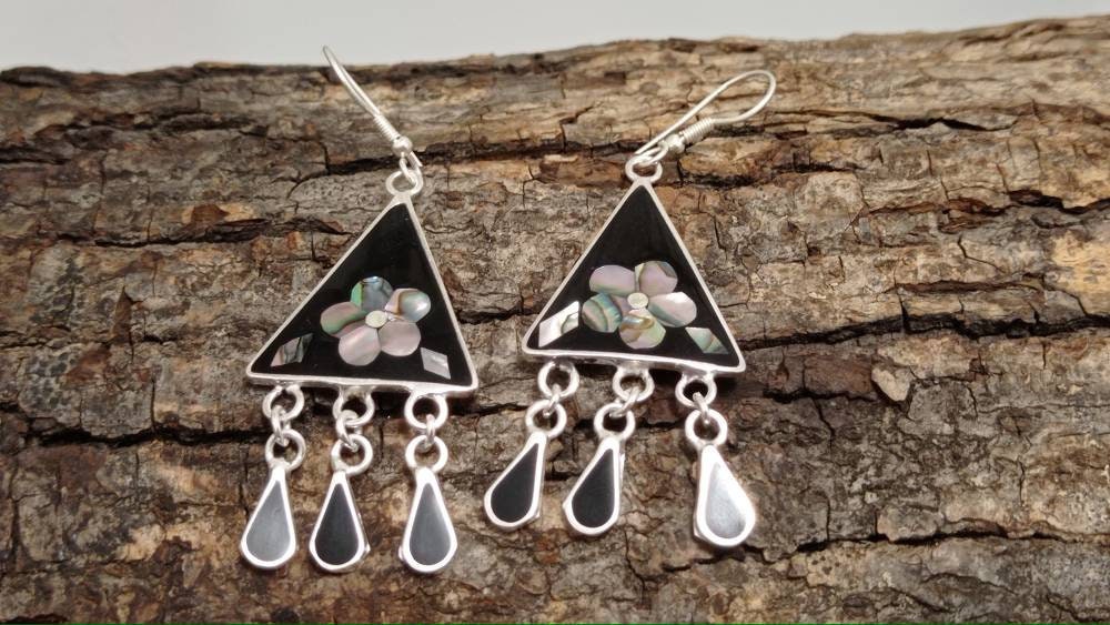 Abalone inlay triangle earrings, mexican earrings,silver plated black earrings,hook dangle daisy earrings,geometric floral tassel earrings