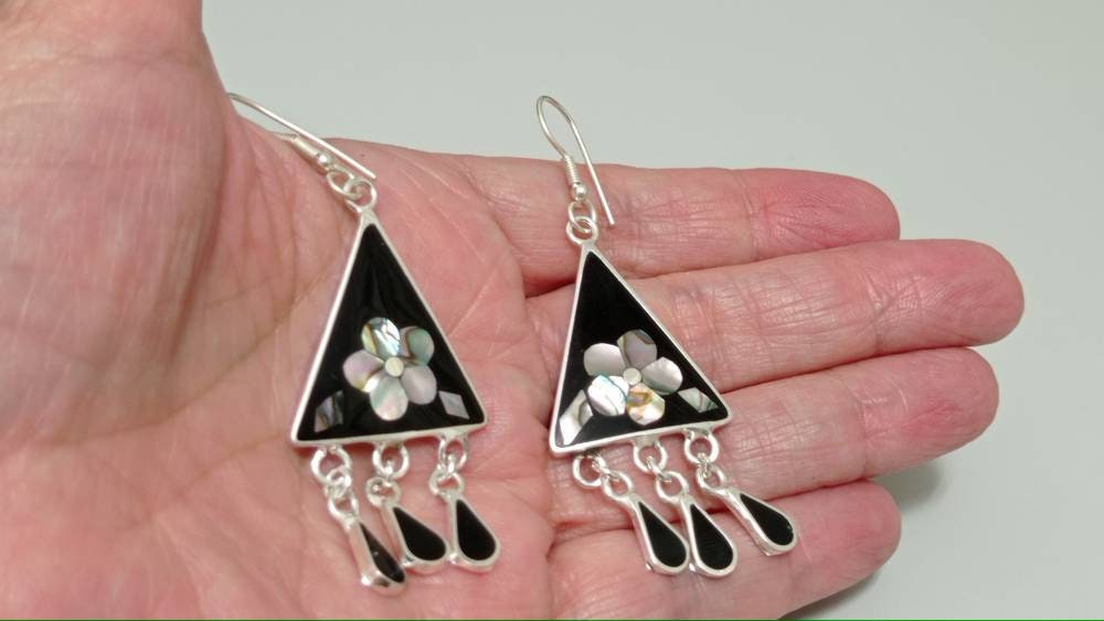 Abalone inlay triangle earrings, mexican earrings,silver plated black earrings,hook dangle daisy earrings,geometric floral tassel earrings