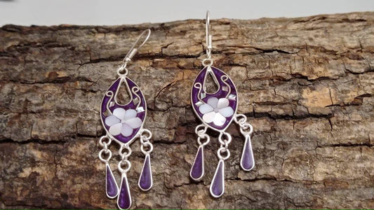 mother of pearl daisy hoop earrings,Mexican earrings, Silver plated abalone earrings,tassel hook geometric Earrings,purple dangle earrings