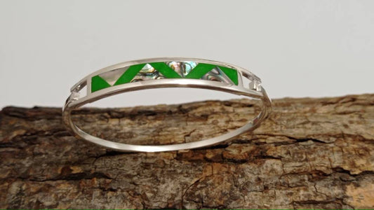 Mexican abalone inlay pyramid bar hinged bracelet, Silver plated green cuff bracelet geometric Bohochic jewelry, Ethnic handmade