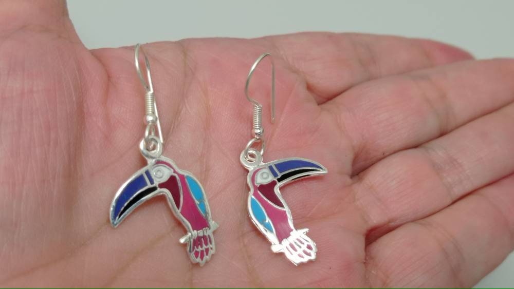 Enamel effect resin earrings, Mexican earrings, Silver plated aztec earrings, Hook earrings,toucan Bohochic jewelry, handmade earrings