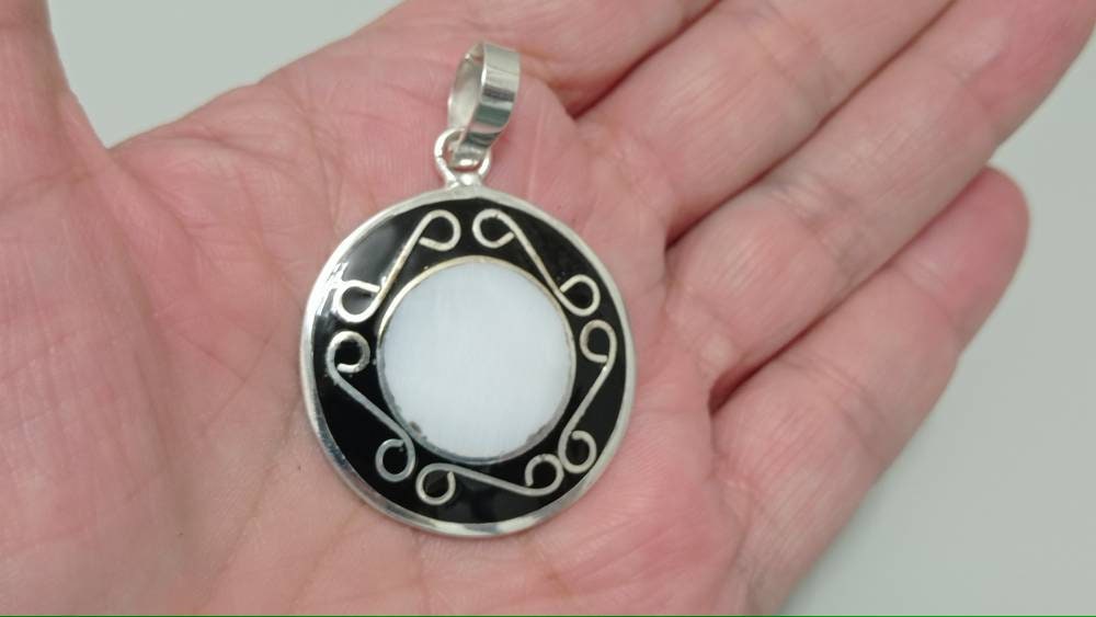 Aztec pendant,mother of pearl  pendant, Silver plated pendant, art deco  pendant, Bohochic jewelry, handmade pendant,white and black pendant