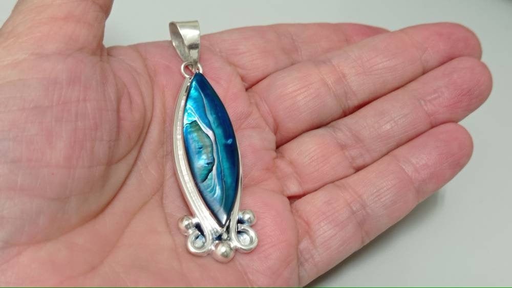 Aztec pendant, blue abalone shell  pendant, Silver plated pendant, oval pendant, geometric Bohochic jewelry, handmade pendant, boho pendant