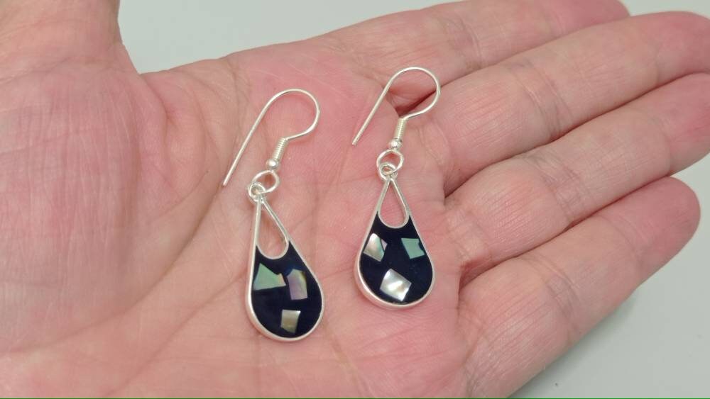 Abalone shell earrings, Mexican earrings, Silver plated earrings, Hoop earrings, geometric,blue earrings jewelry,Bohochic mexican jewelry