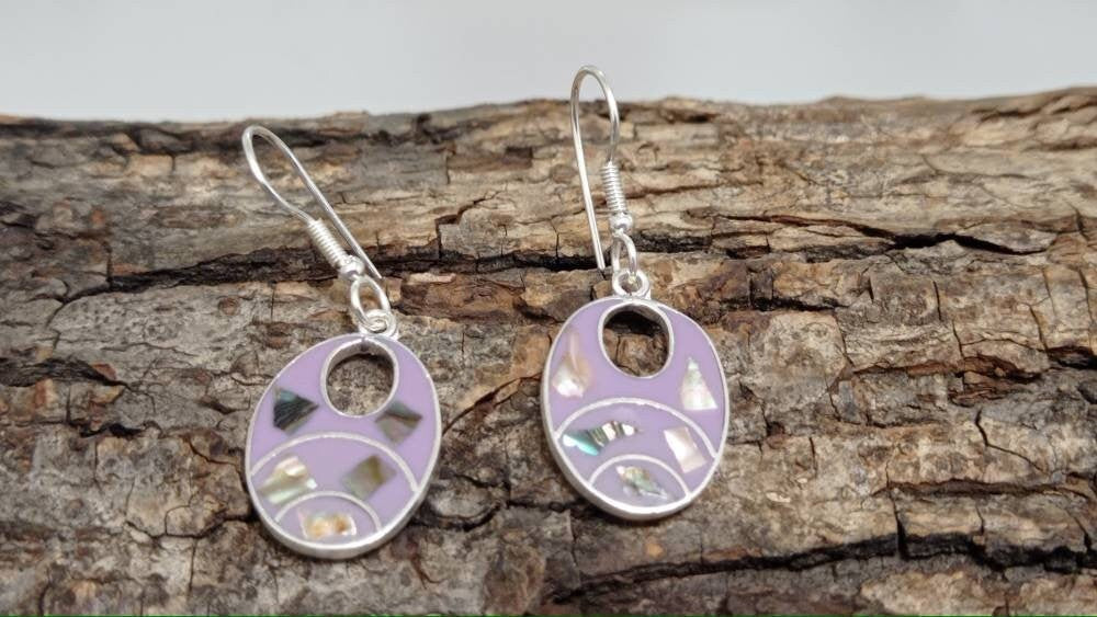 Abalone shell  earrings, Mexican earrings, Silver plated earring,Hoop earrings, geometric purple earrings jewelry,Bohochic mexican  jewelry