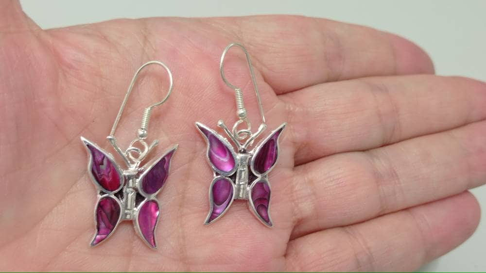 Unique pink abalone inlay butterfly earrings, Silver plated earrings,  Bohochic jewelry,Ethnic handmade earrings, pink  earrings