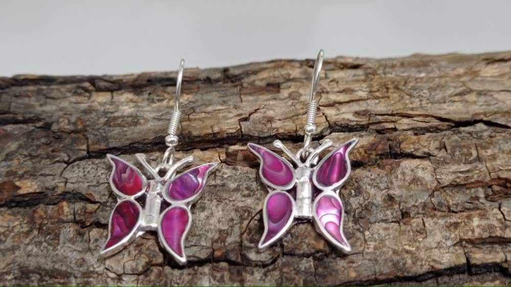 Unique pink abalone inlay butterfly earrings, Silver plated earrings,  Bohochic jewelry,Ethnic handmade earrings, pink  earrings